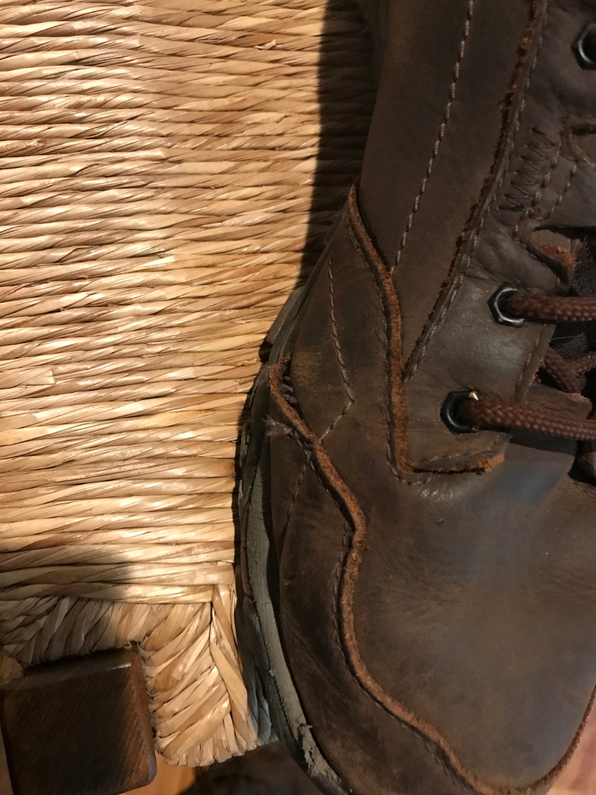 Additional photo showing construction failure point on Merrell Adventure Lace hiking shoe