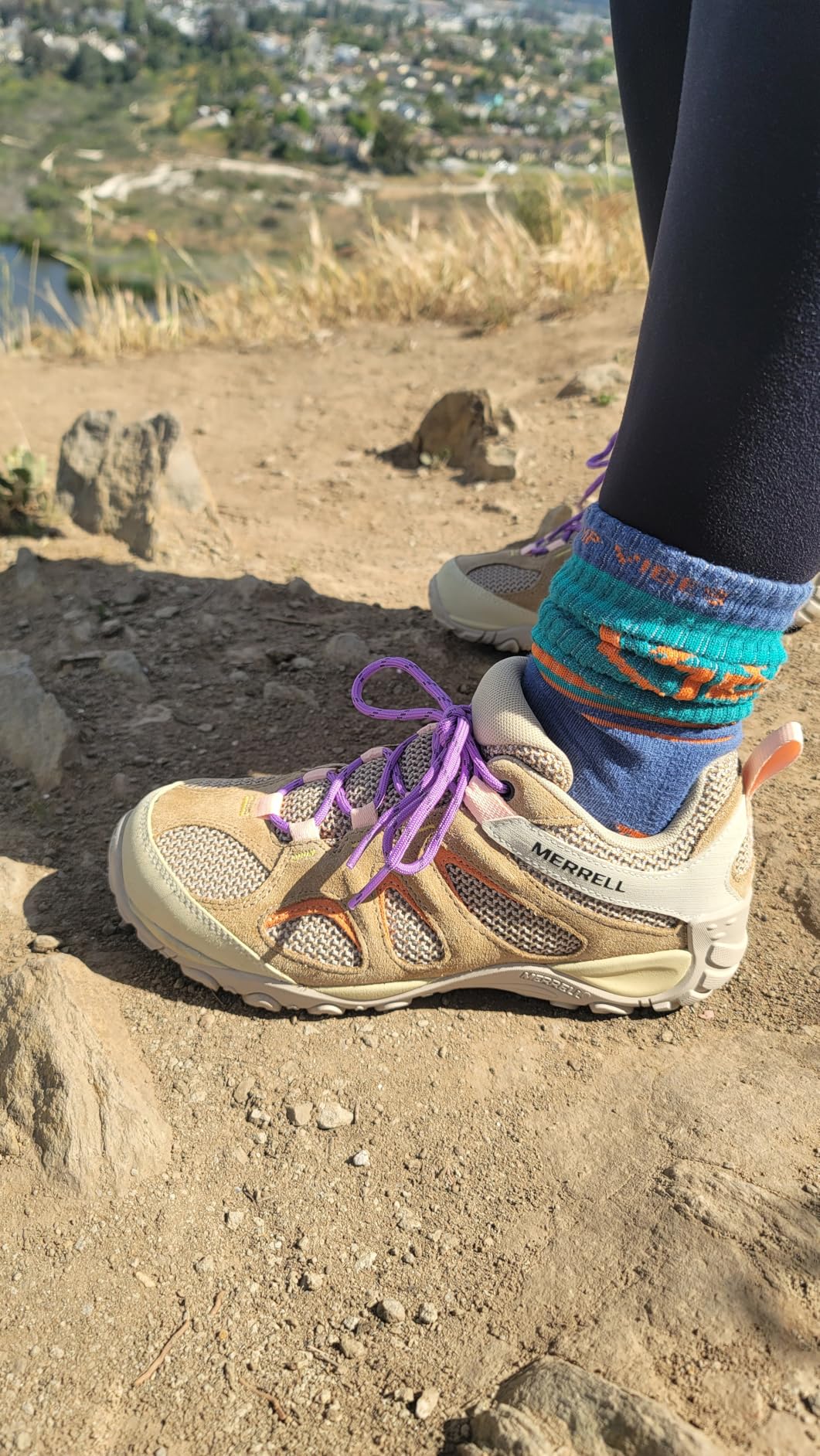 Merrell Women's Yokota 2 hiking shoes in Lichen Fuchsia colorway showing suede upper and mesh panels