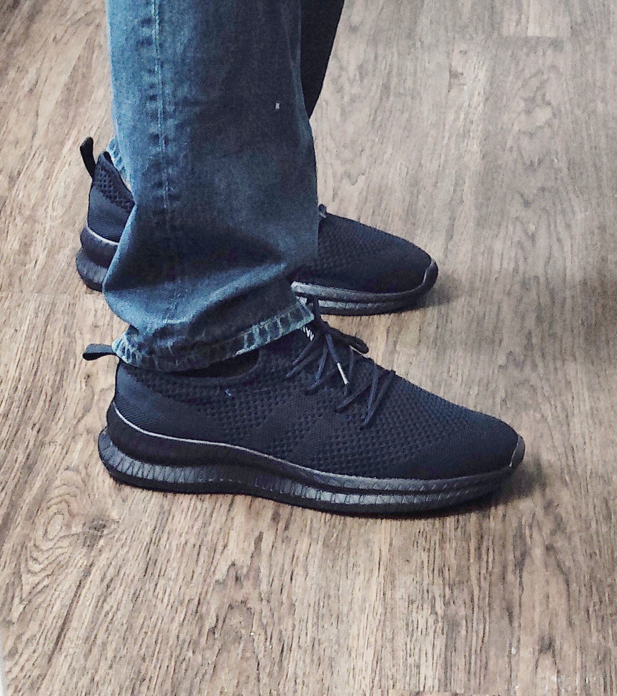 FUJEAK Navy shoe showing true-to-size fit and knit material texture detail