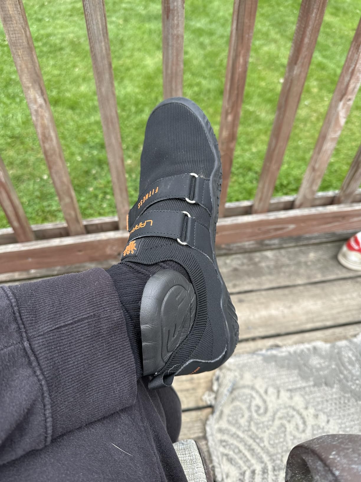Close examination of shoe construction showing areas of wear after several weeks of testing