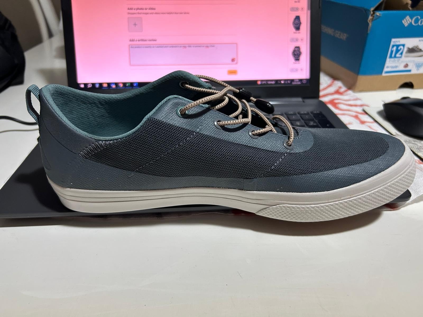 Columbia Bonehead PFG boat shoe showing mesh upper construction and lacing detail