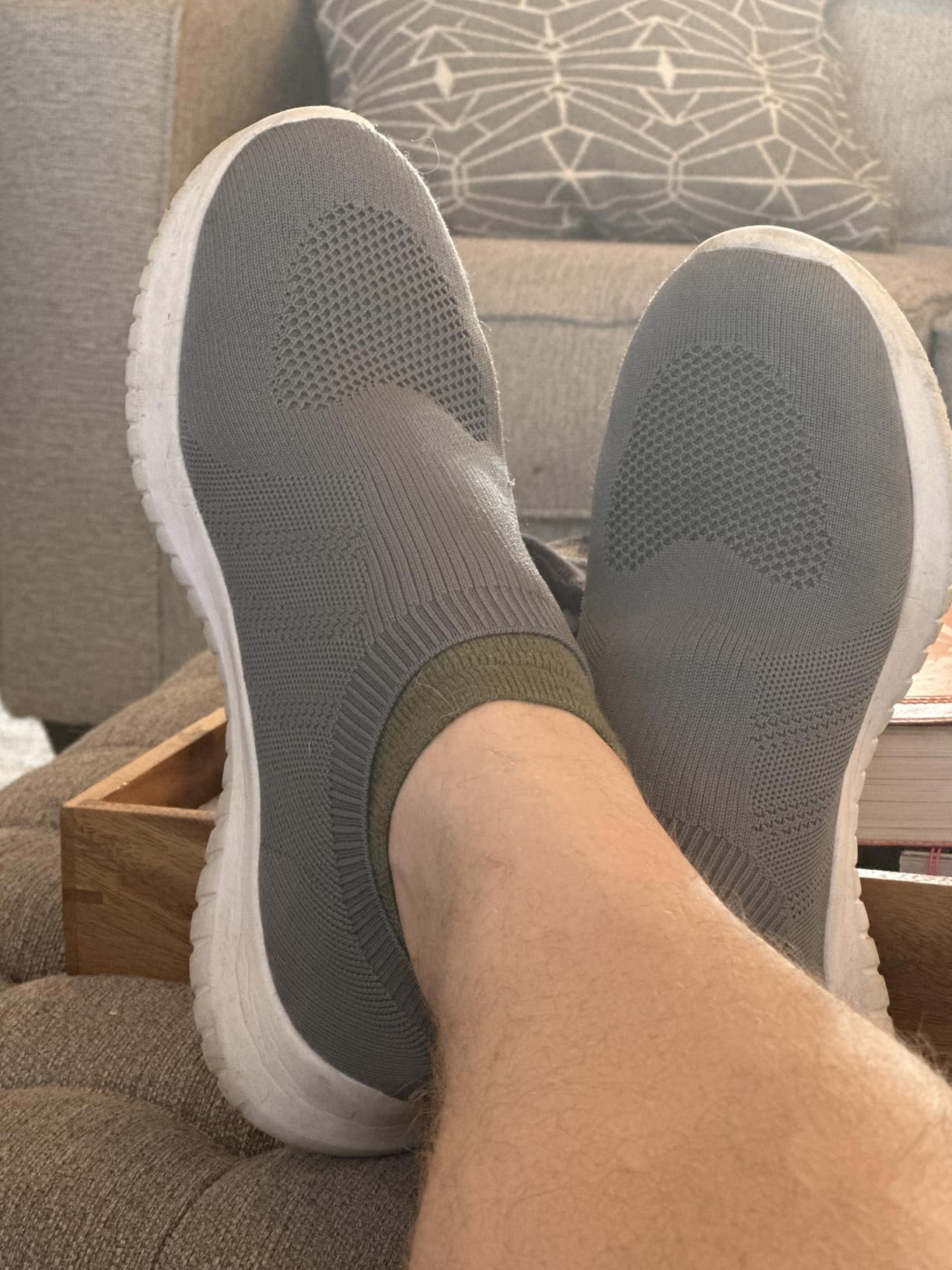 Konhill mens athletic walking shoes white knit slip-on design showing breathable mesh upper and rubber sole