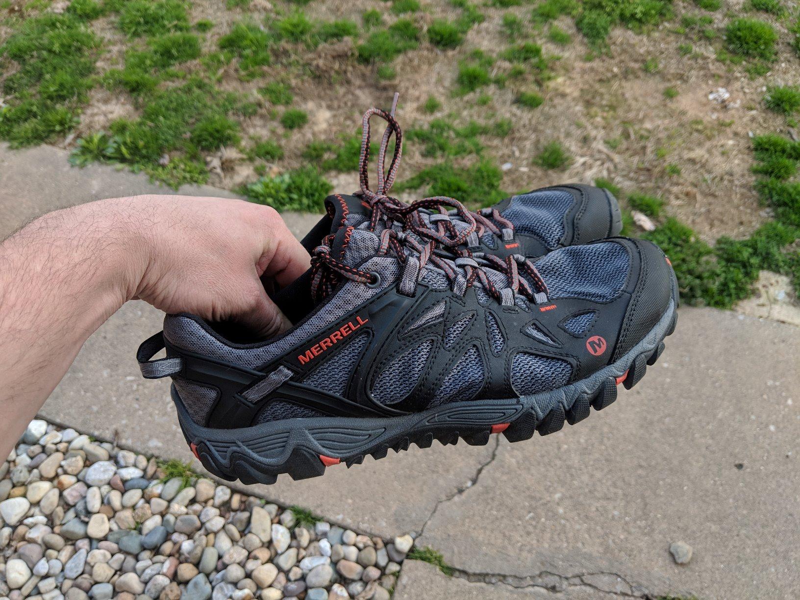 Merrell All Out Blaze Aero Sport hiking water shoe showing mesh upper and Vibram sole