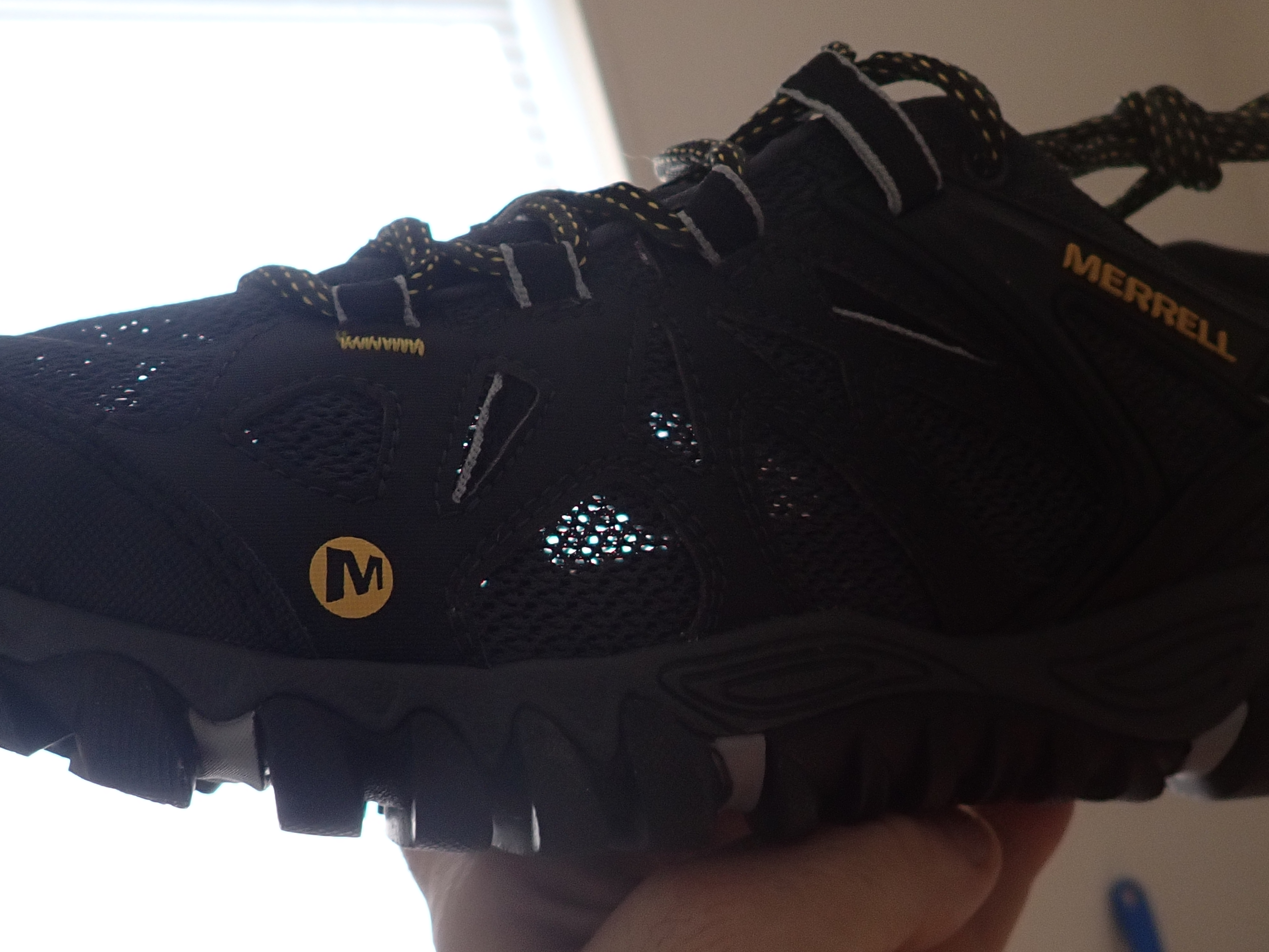 Close-up of Merrell Blaze Aero Sport mesh upper showing breathable design and lacing system